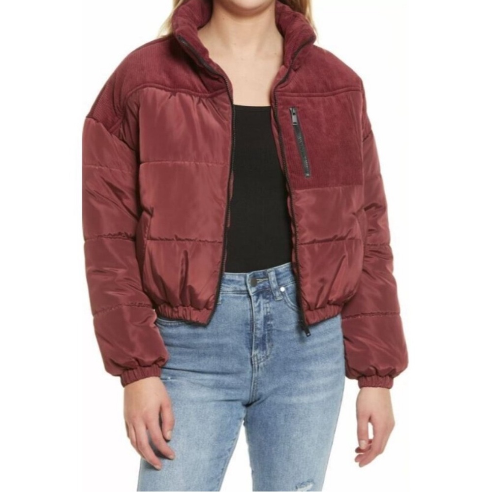 Corduroy Full Zip Puffer Jacket in Burgandy